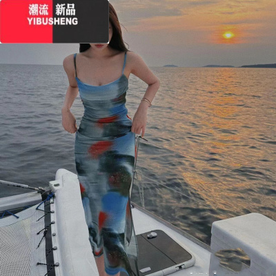YIBUSHENG设计感度假裙纯欲风辣妹复古落日扎染印花抹胸长裙显瘦吊带连衣裙