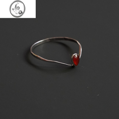 JiMi原创通体925银手工银小众个性珐琅彩红水滴戒指银指环特细复古女