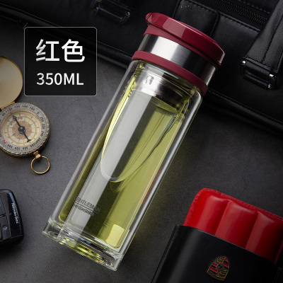 家柏饰(CORATED)双层玻璃杯男士水杯茶杯家用便携茶水分离泡茶透明过滤带盖杯子女