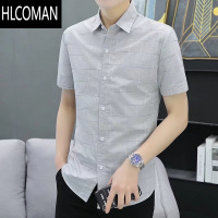 HLCOMAN夏天短袖衬衫男士格子寸衫2022新款商务休闲韩版修身青年衬衣潮流
