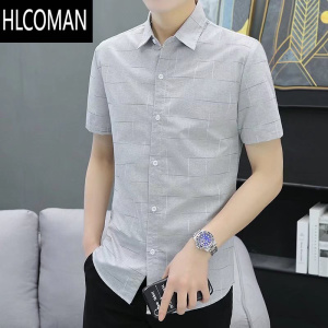 HLCOMAN夏天短袖衬衫男士格子寸衫2022新款商务休闲韩版修身青年衬衣潮流