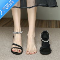 SUNTEK2023夏新款名媛粗跟高跟鞋女黑色绒面一字扣带凉鞋女中跟水钻小码