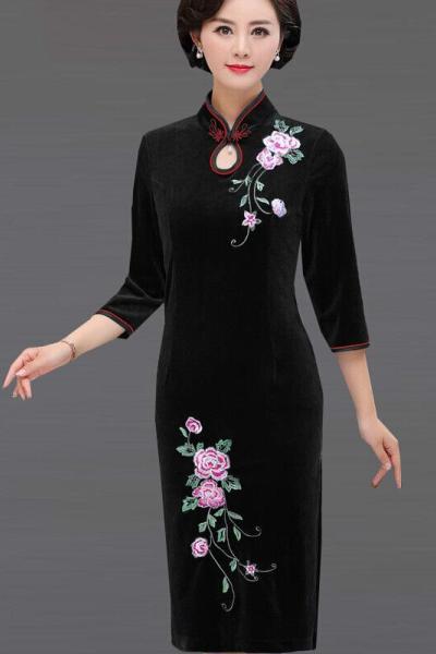 迪鲁奥(DILUAO)高档轻奢2021新款中老年女日常绣花旗袍气质中国风中裙袖秋冬妈妈装连衣裙