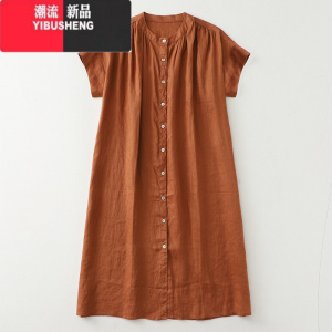 YIBUSHENG亚麻衬衫裙女宽松显瘦气质日系小众设计感褶皱全开襟棉麻连衣裙