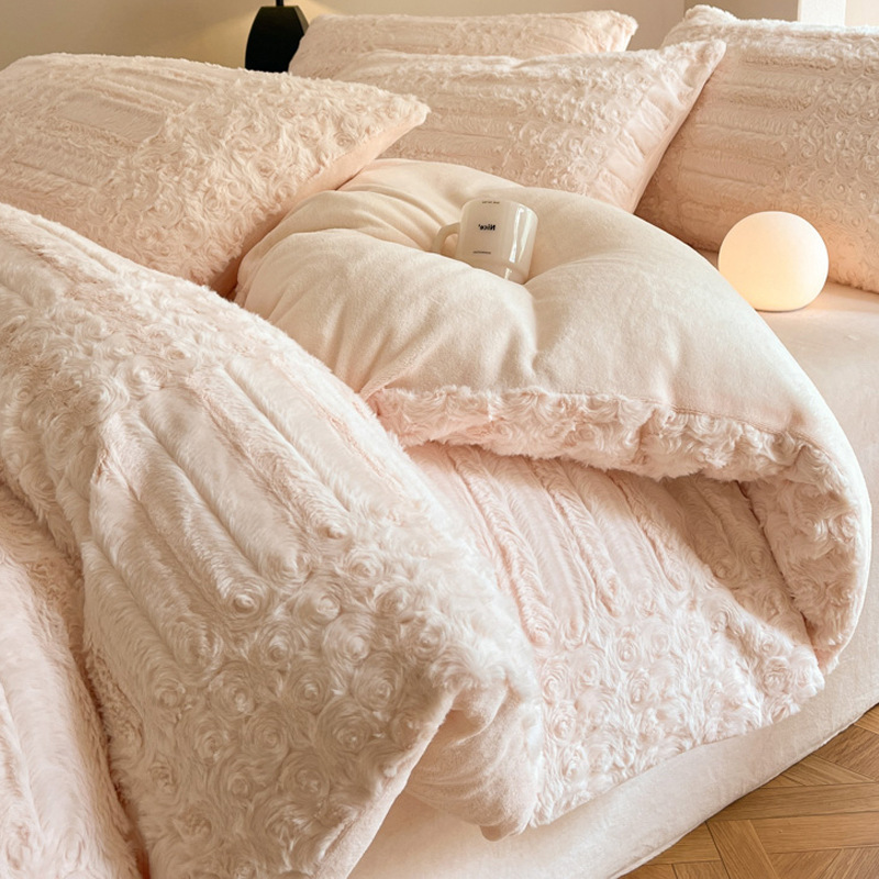 仿兔毛绒床上四件套冬季加厚牛奶绒床单床笠珊瑚绒加绒被套罩床品