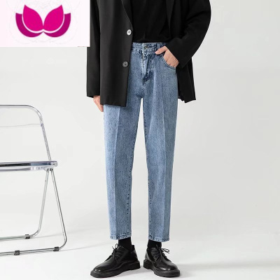 七斓牛仔裤男宽松直筒浅蓝色九分裤韩版潮流百搭修身男士休闲裤子