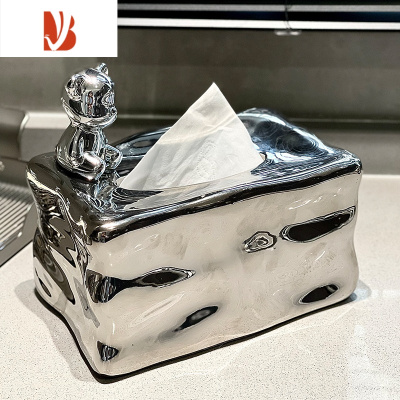 三维工匠轻奢装饰纸巾盒套装家用装饰客厅茶几餐桌多遥控器收纳陶瓷抽纸盒 银色冰川纸巾盒(小熊款)