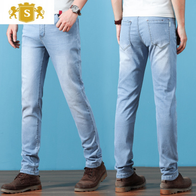 SUNTEK夏季超高弹力修身直筒牛仔裤男装浅蓝色超薄弹性小脚长裤子男大码牛仔裤