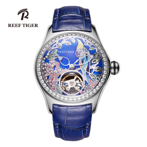 瑞夫泰格(REEF TIGER)女士手表全自动机械表女表新款时尚潮流镶钻镂空皮表带防水3D鹦鹉手表RGA7015