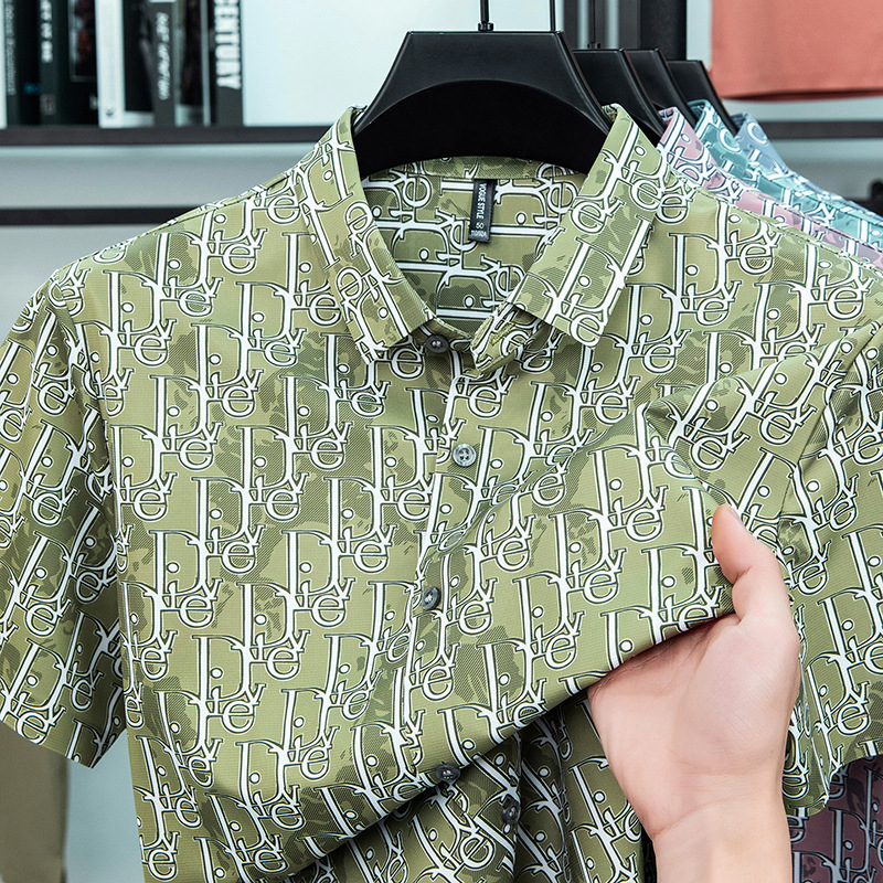 春夏新款男士桑蚕丝短袖衬衫商务休闲免烫垂感翻领通勤百搭款