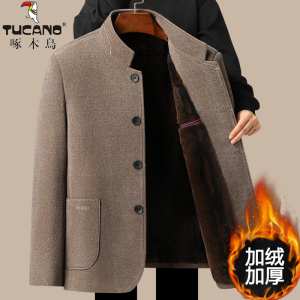啄木鸟爸爸冬装毛呢棉服外套加绒加厚款中老年棉衣男爷爷保暖棉袄