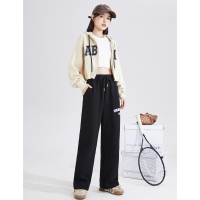 [2.5折价99元]唐狮运动阔腿裤女美式复古学院秋新款宽松高腰黑色休闲长裤A