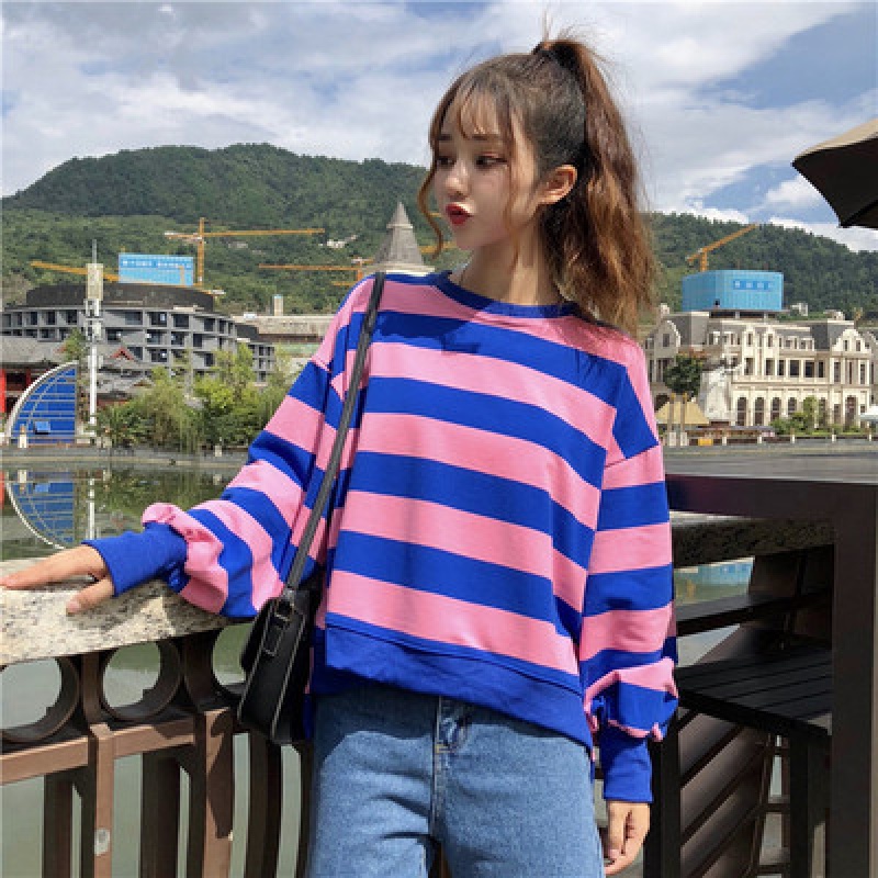 秋装韩版新款条纹拼接开叉薄款圆领卫衣女学生长袖宽松上衣潮