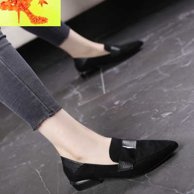 潮款漆皮尖头低跟深口单鞋女2020春季新款韩版粗跟单鞋两穿女鞋简畅休闲鞋