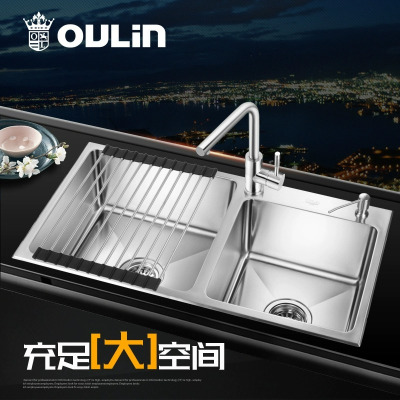 欧琳水槽手工双槽套餐 不锈钢仿手工水槽 厨房洗菜盆洗菜池 加厚7212B