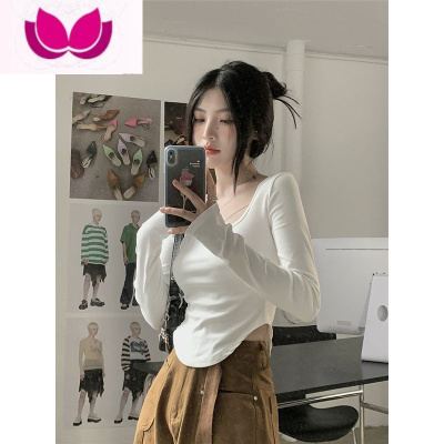 七斓纯欲风长袖t恤女秋季2022新款打底衫设计感小众修身短款辣妹上衣