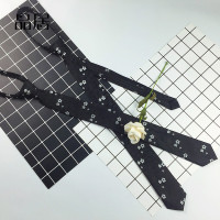 帅气刺绣黑色花领带男韩版窄版5cm细小型师懒人拉链式易拉得潮