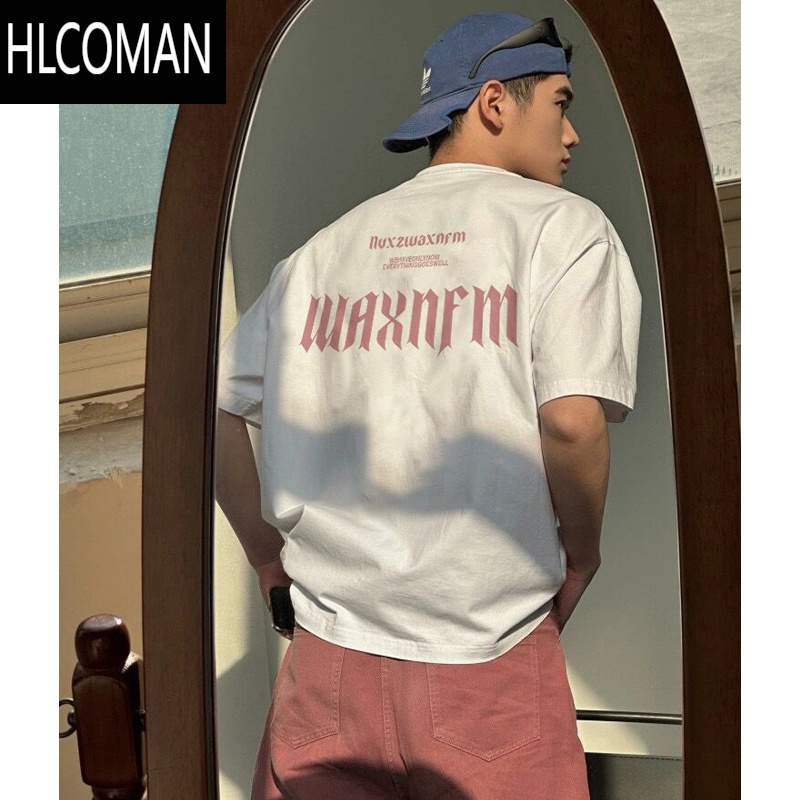 HLCOMAN美式复古创意字母短袖T恤男夏季时尚白色百搭休闲宽松小领口上衣
