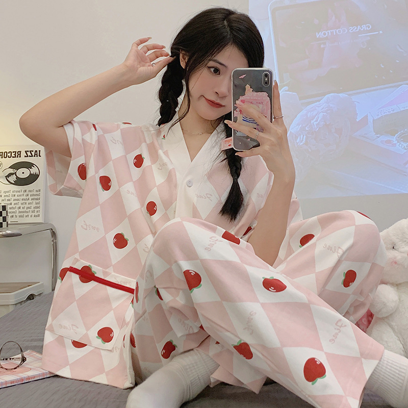 春秋季短袖长裤棉质睡衣两件套女卡通可爱少女感可外穿家居服套装