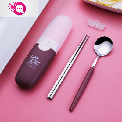 敬平创意不锈钢筷子勺子套装便携餐具三件套儿童单人装筷子盒外带学生红色-陶瓷勺子+304筷子+卡扣+餐具盒