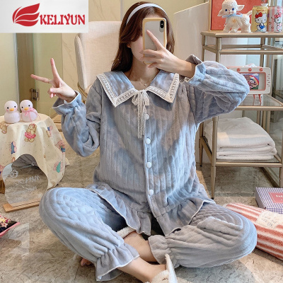 可莉允珊瑚绒睡衣女秋冬季加厚加绒水蓝2020新款法兰绒大码春家居服套装睡衣