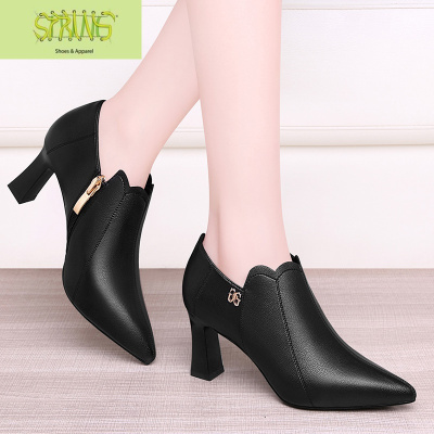 皮鞋女鞋小粗跟2020新款30岁细跟深口单鞋春秋中跟工装软皮高跟鞋语娄