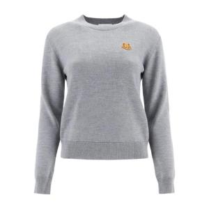 高田贤三(Kenzo)灰色圆领羊毛套衫女款长袖罗纹下摆老虎贴片运动