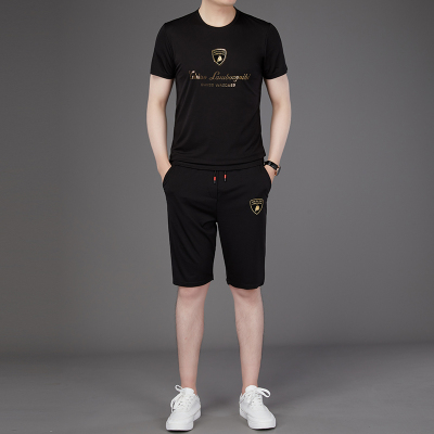 蓝缕金(LANLVJIN)休闲运动套装夏季2021新品冰丝短袖五分裤一套青年薄款圆领套头松紧系带裤百搭休闲烫钻衣服男