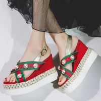 2018夏季新款坡跟凉鞋女松糕厚底女鞋时尚串珠拼色条纹草编超高跟真皮淑女欧美潮鞋