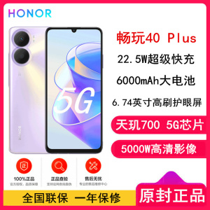 [原封]荣耀畅玩40 Plus 8GB+128GB 全网5G 仙霞紫 22.5W超级快充 6000mAh大电池 6.74英寸高刷护眼屏 128GB大存储智慧运存拓展 5G手机