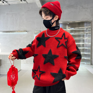 男童毛衣秋冬款新款大儿童冬季喜庆红色针织衫加厚冬装男孩潮