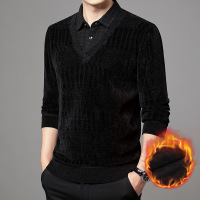 雪尼尔加绒加厚爸爸装秋冬季保暖毛衣男士中老年假两件翻领打底衫