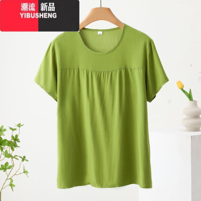 YIBUSHENG绸妈妈t恤衫女薄款绵绸加肥大码宽松上衣中老年人造棉短袖