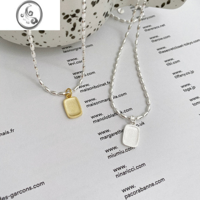 JiMi通体925银银简约小众百搭磨砂凹面方块项链女拼色米粒锁骨链ins潮