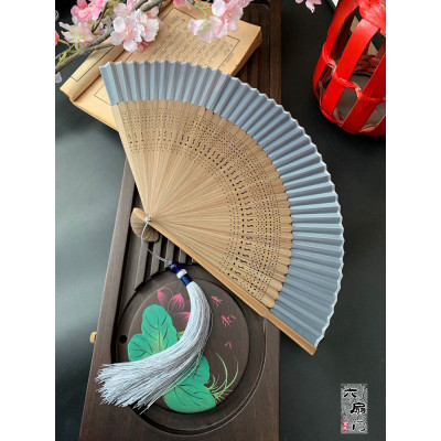 复古风纯色日式扇子和风折扇7寸空白竹扇礼品扇汉服便携男女三维工匠白色配大流苏白