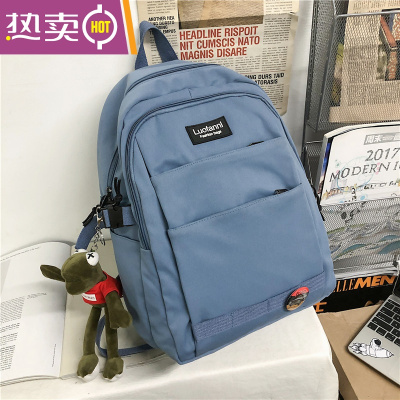 NEWLAKE2021新款书包女韩版高中原宿大学生ins双肩包初中生男潮背包洋气蓝色送青蛙挂件