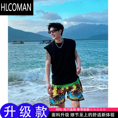 HLCOMANcleanfit纯黑色坎肩短袖男美式高街圆领上衣高级感青少年无袖T恤