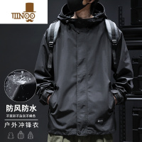 YANXU黑色冲锋衣男秋季宽松大码美式工装外套防风防水户外潮牌夹克
