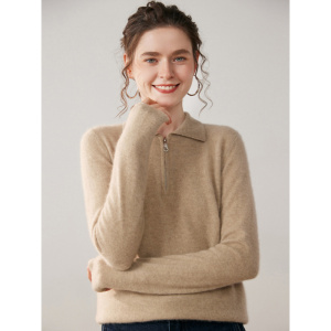 POLO领半拉链羊绒衫女100纯色山羊绒薄款气质百搭针织打底毛衣