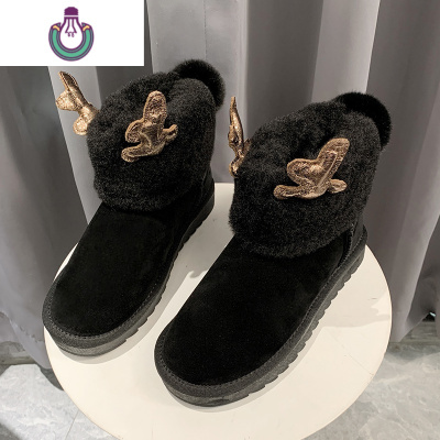 FISHBASKET女鞋2020冬季新款保暖可爱麋鹿角雪地靴一体加绒加厚棉鞋女靴子