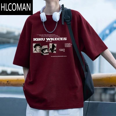 HLCOMAN酒红色潮牌t恤男短袖冰感美式高街动漫夏季冰丝半袖体恤