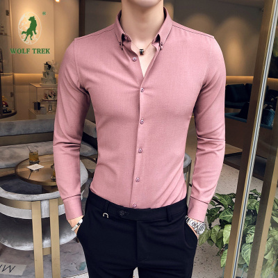 七匹狼国际公司授权WOLFTREK-秋装英伦潮流免烫抗皱纯色衬衣男青年修身长袖白衬衫基础款净版