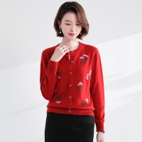 恒源祥春秋圆领纯羊毛衫女提花镶钻针织开衫显瘦洋气外搭毛衣外套