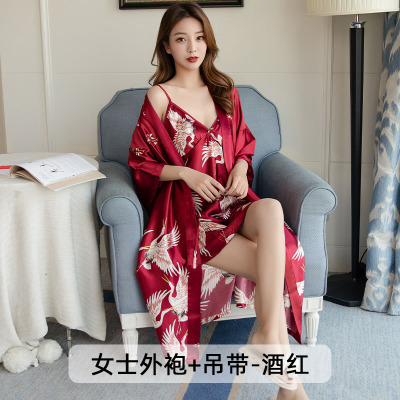 Ideamini晨袍女新娘新郎结婚情侣睡衣夏季冰丝新婚礼喜庆红色睡袍两件套装