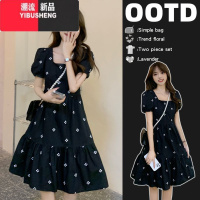 YIBUSHENG大码女装法式复古方领遮肉连衣裙季女微胖mm重工刺绣显瘦小黑裙