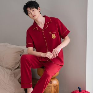 大红色睡衣纯棉春夏季男士短袖长裤新婚结婚大码本命年家居服套装