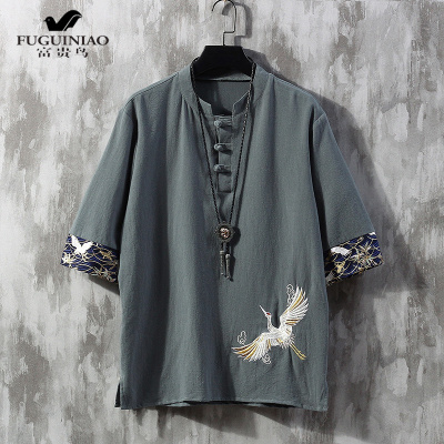 富贵鸟（FUGUINIAO）2020新款亚麻短袖T恤男夏季中国风中式复古刺绣棉古风男装潮