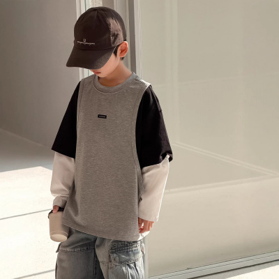 男童假两件卫衣春秋款2026新款男孩春装中大儿童痞帅休闲运动上衣