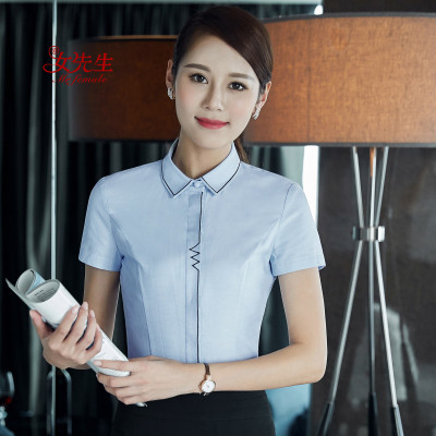 女先生衬衫-2017春夏新款女装上衣短袖衬衫简约时尚修身大码女式职业衬衣翻领白衬衫韩版t通勤修身工作服