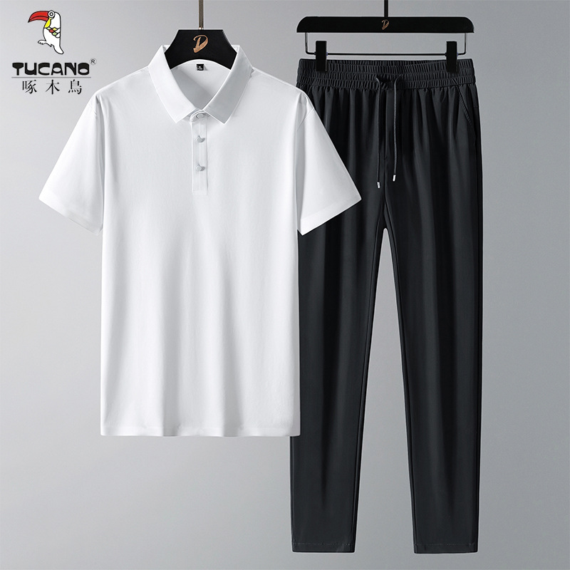 啄木鸟夏季冰丝款套装男士无痕T恤短袖POLO+休闲裤子男两件装父亲